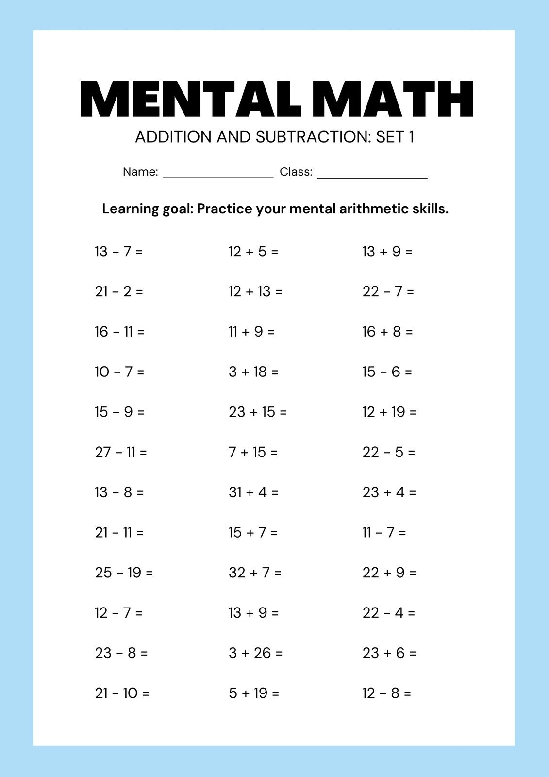 Printable Addition And Subtraction Worksheet