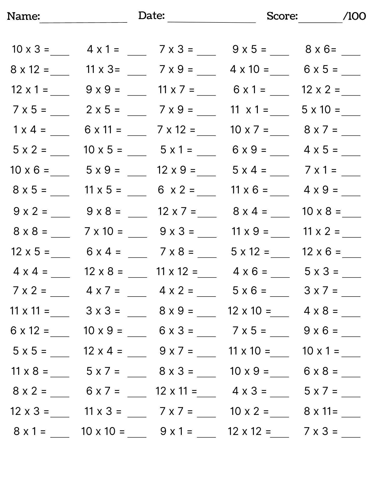 Multiplication Worksheets Free Printable 1-12