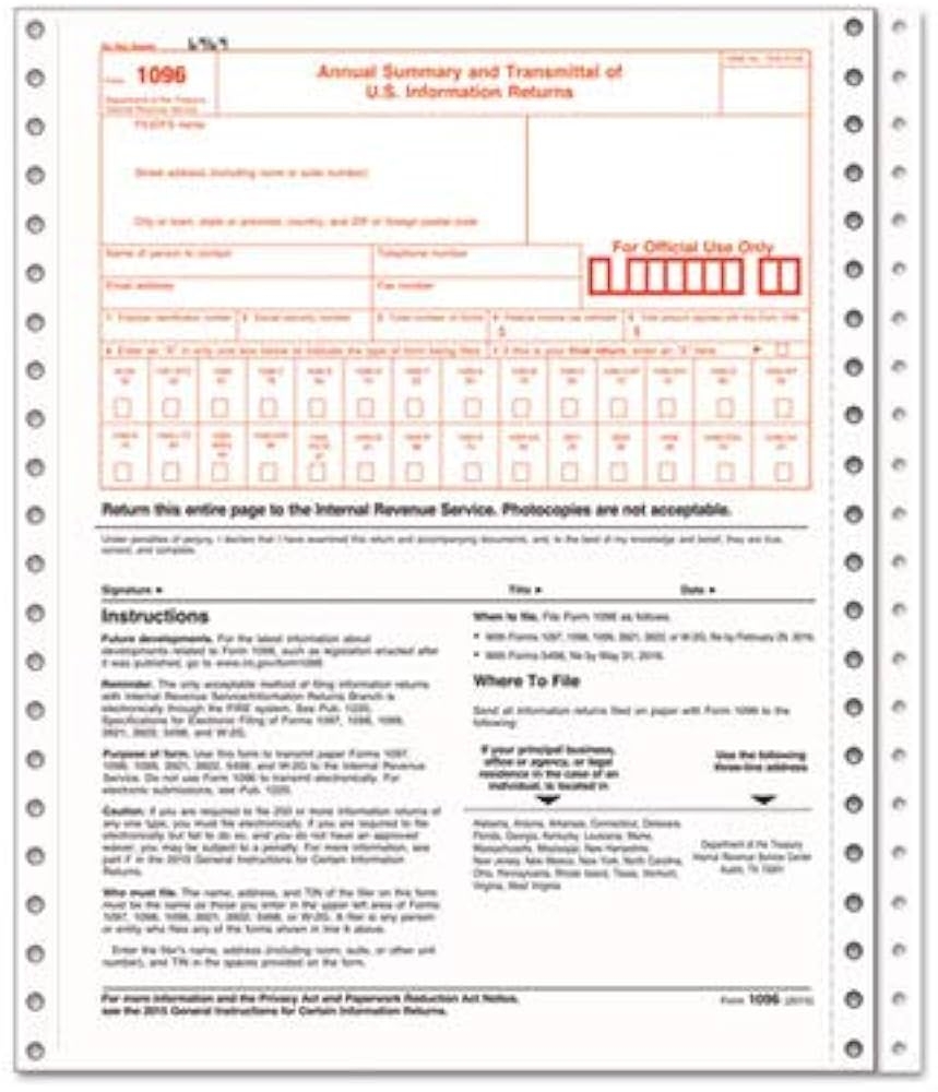 1096 IRS Approved Tax Forms 8 X 11 2 Part Carbon 10 Contin 