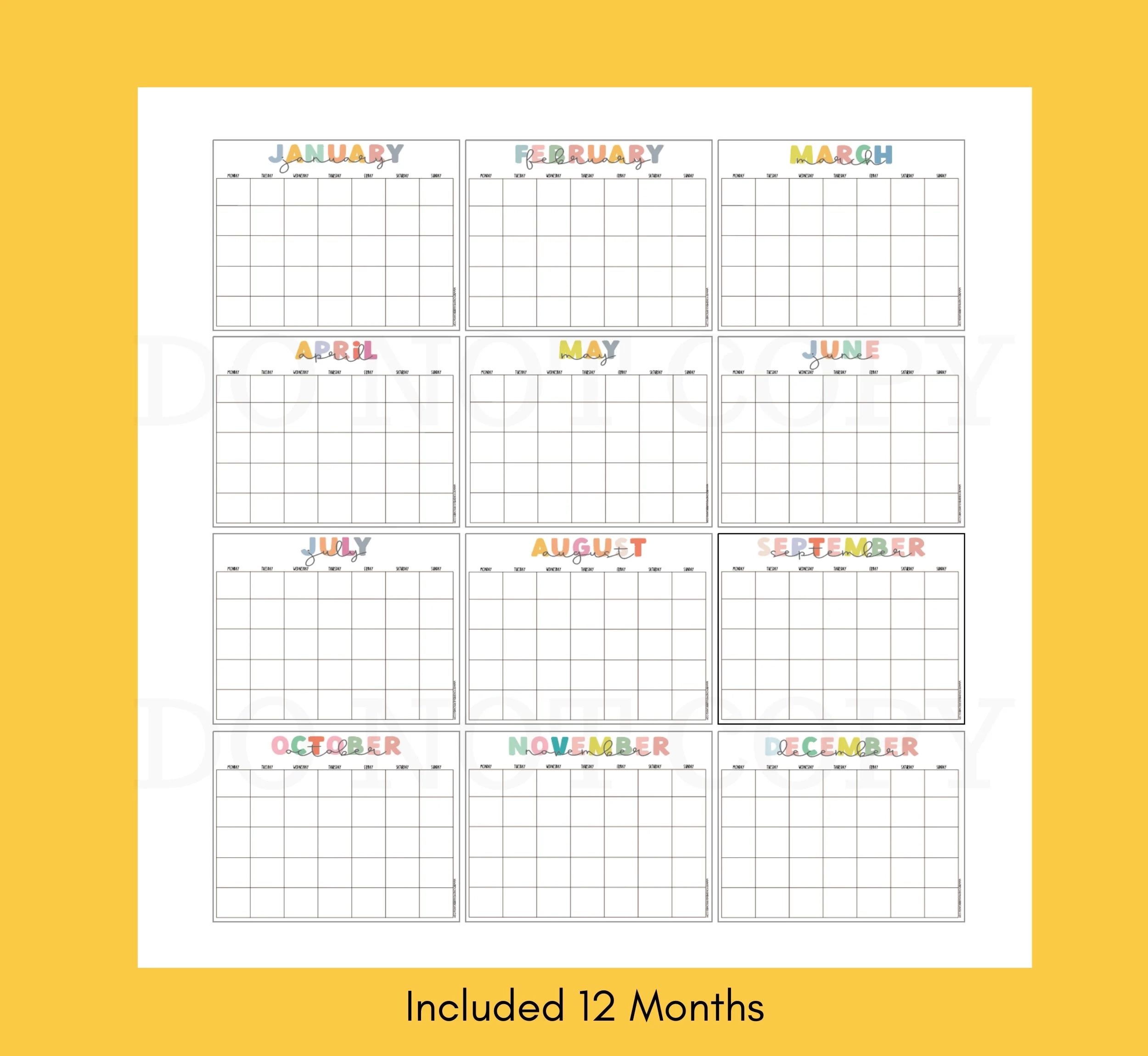 12 Month Printable Calendars Colourful Fun Blank Fill In Etsy