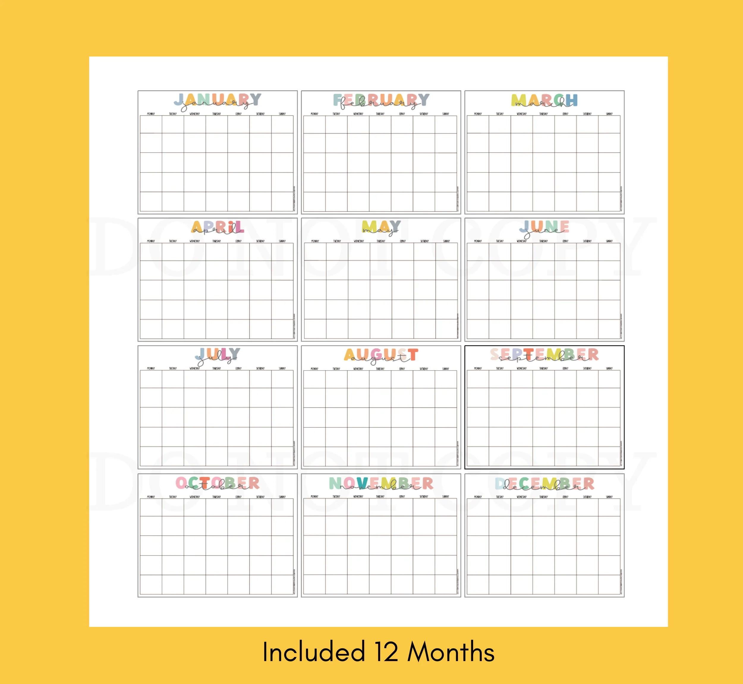 Blank 12 Calendar Month Printable