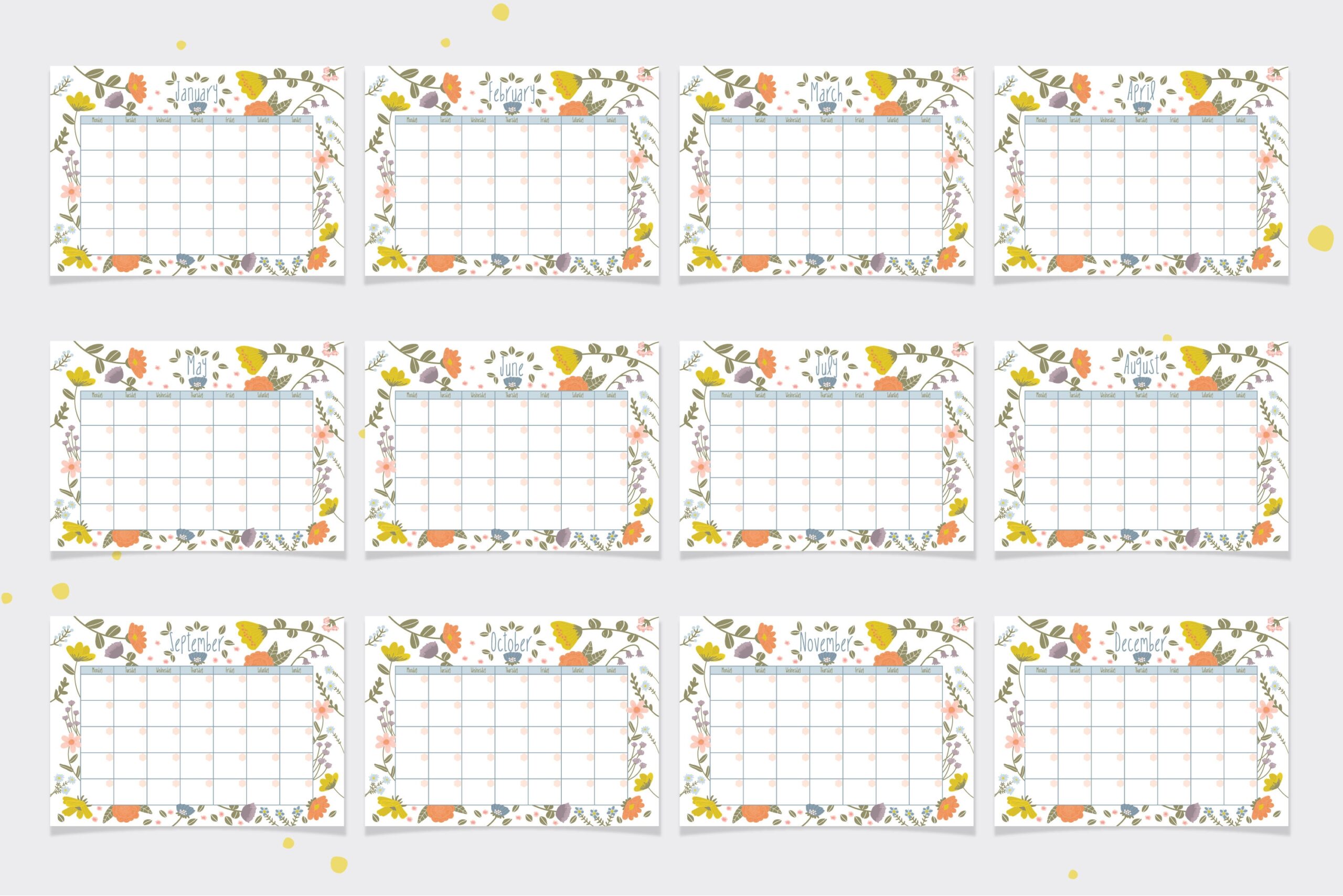12 Monthly Calendar Floral Blank Template Multi Language By 
