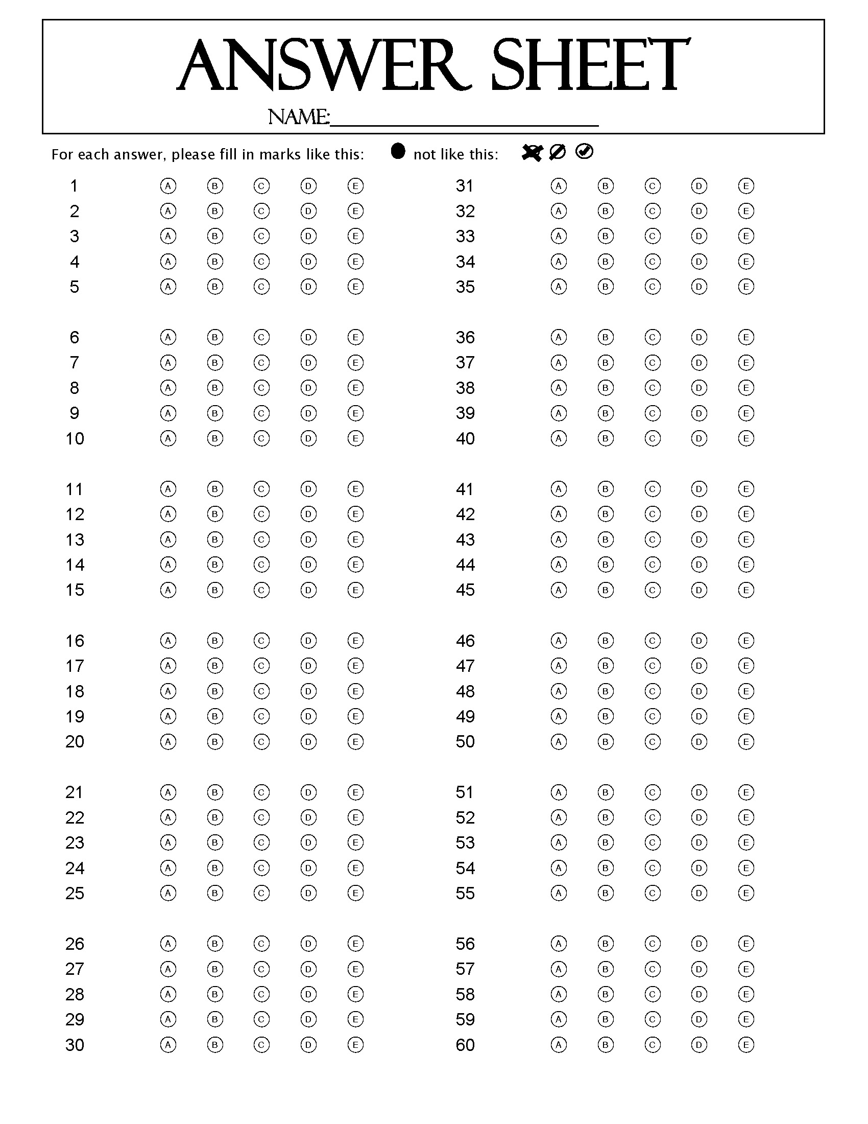 Printable Shading Answer Sheet