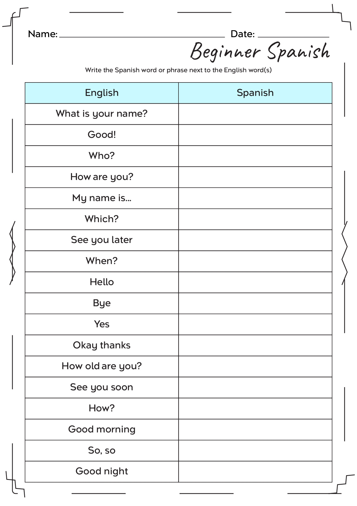 Beginning Spanish Worksheets Printables