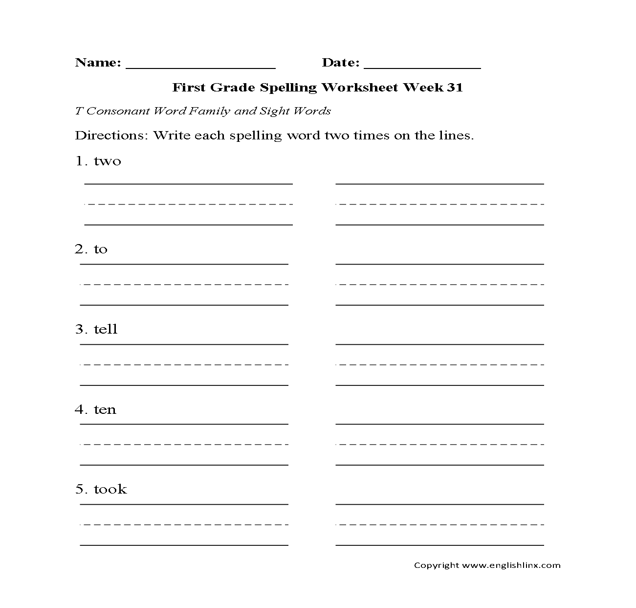 1st Grade Worksheets Printable Spelling