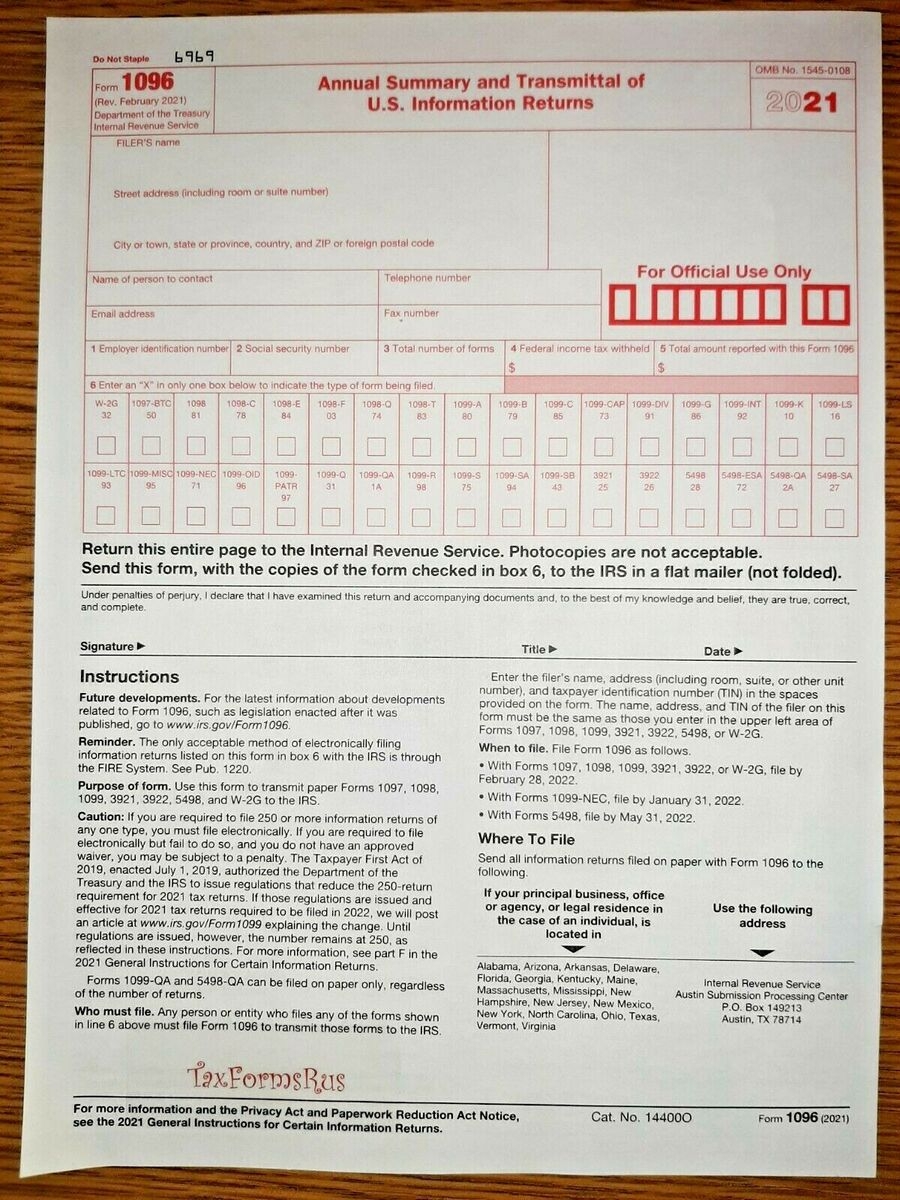 2021 IRS Tax Form 1096 Annual Summary And Transmittal for 1099 s 