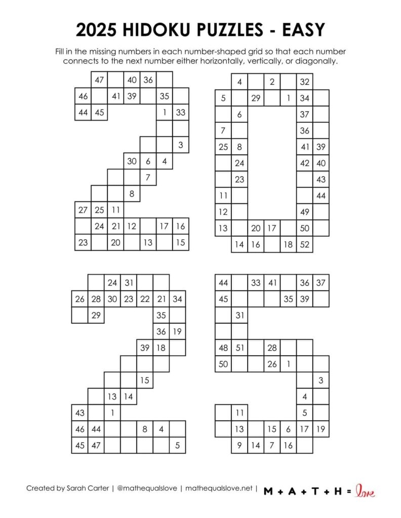 2025 Hidoku Logic Puzzles Math Love