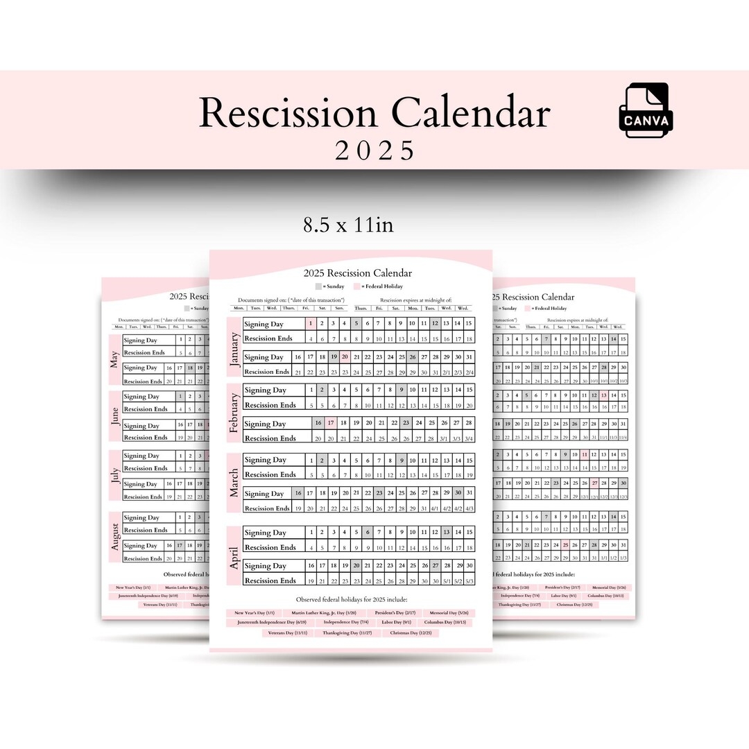 2025 Rescission Calendar Notary Loan Signing Agent Tool digital 