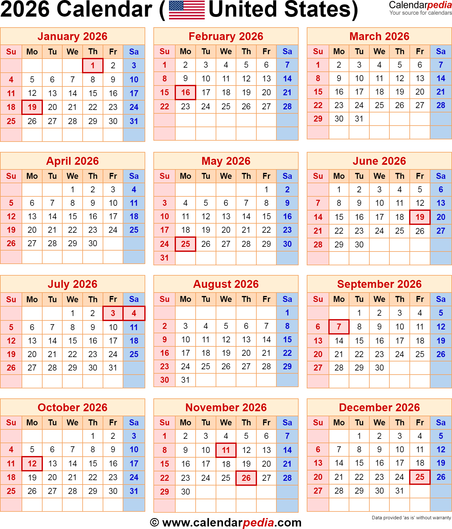 Federal Holidays 2026 Calendar With Holidays Printable
