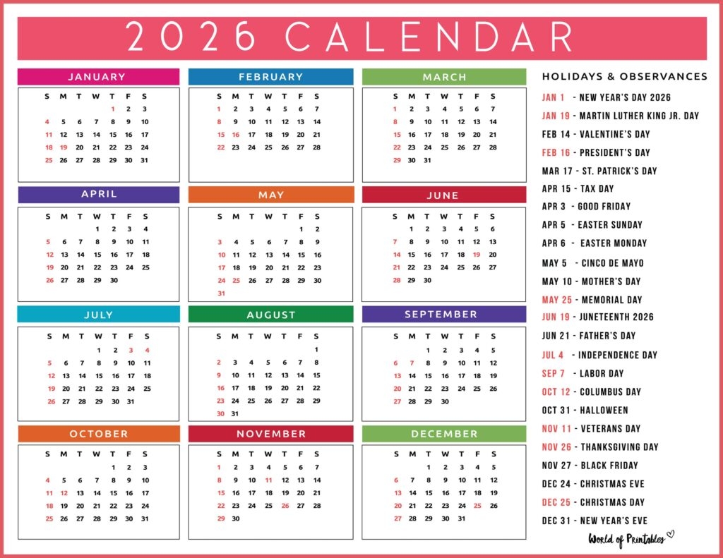 Federal Holidays 2026 Calendar Printable