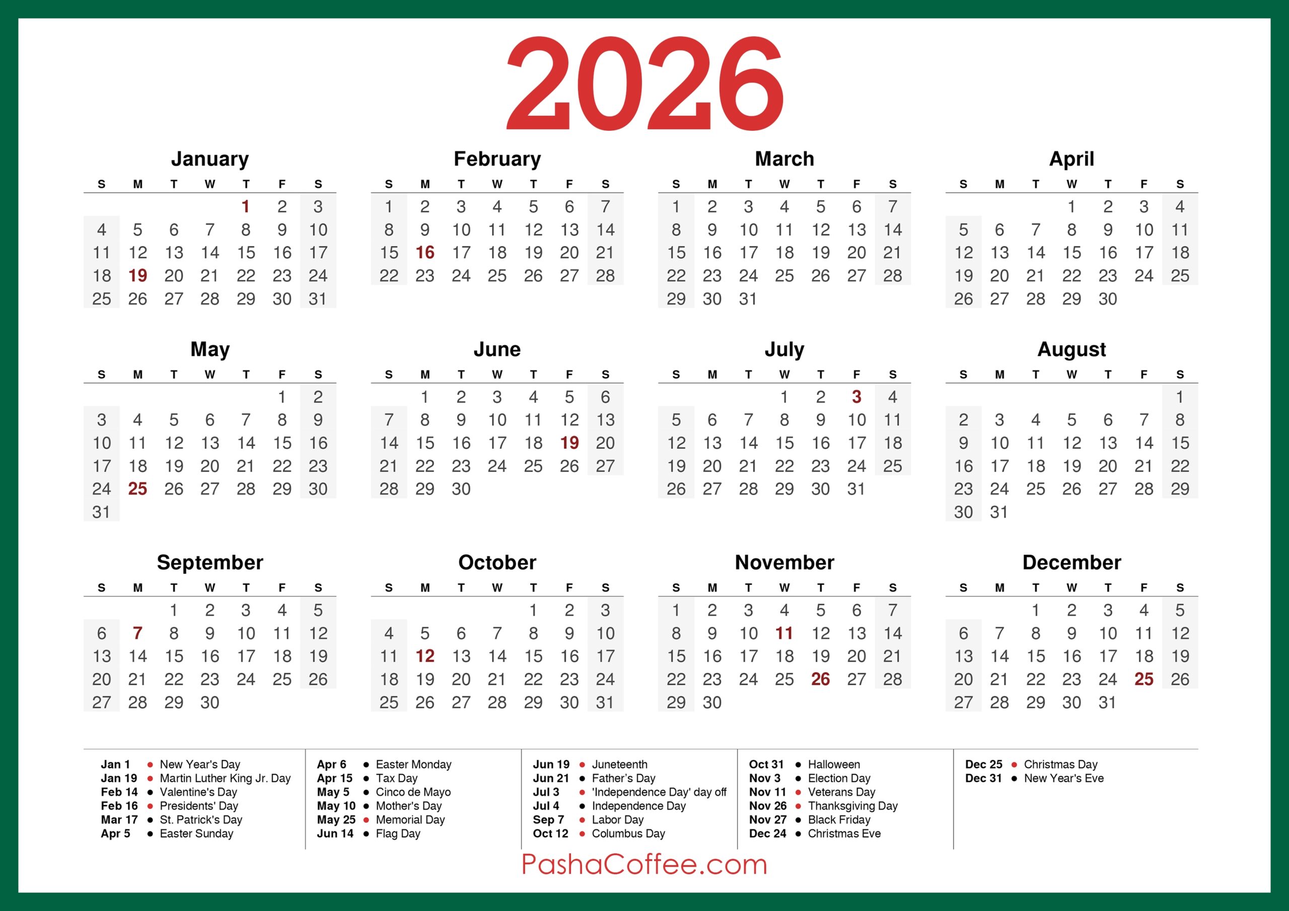 Free Printable 2026 Calendar With Holidays Printable
