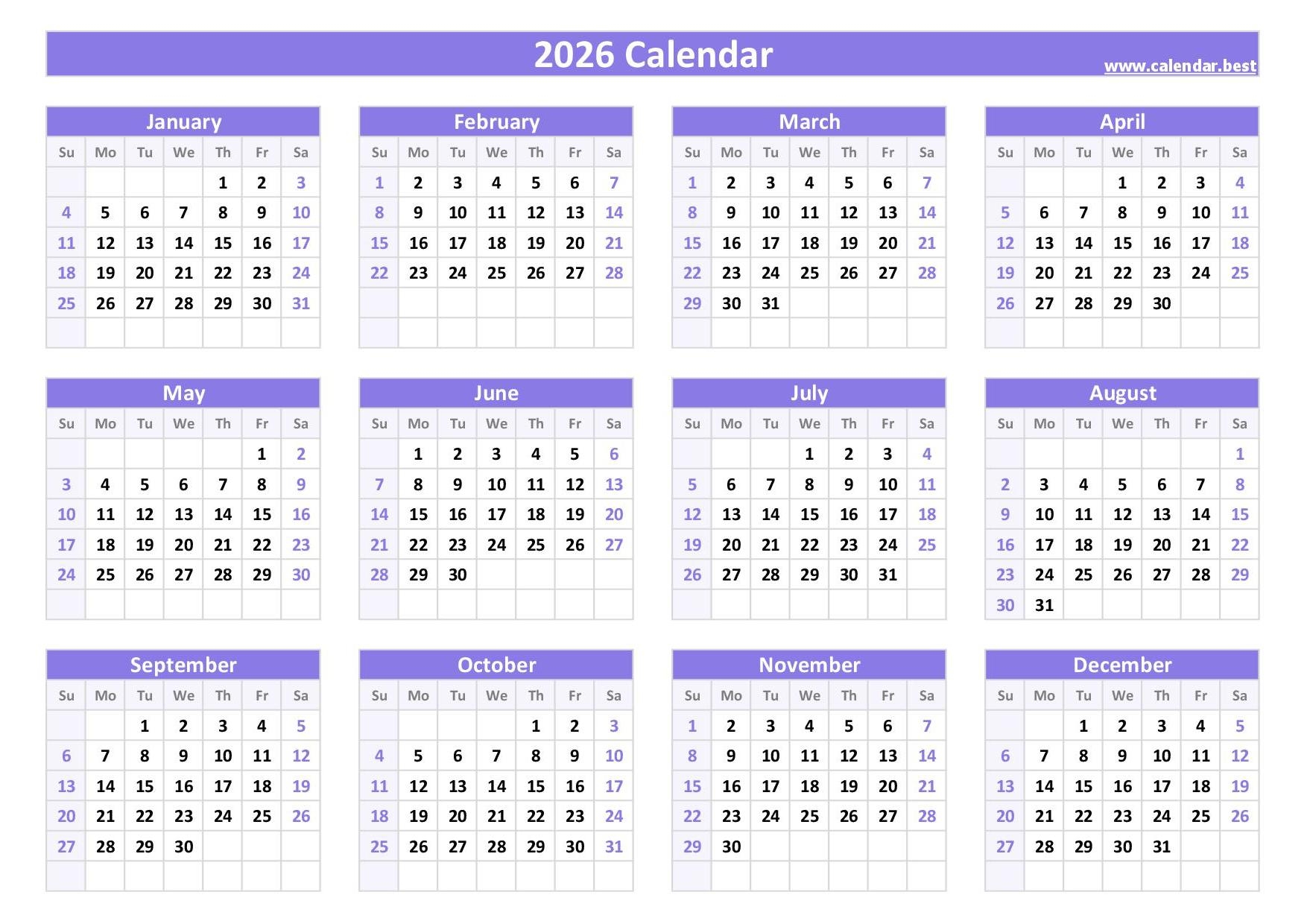 2026 Weekly Calendar Printable