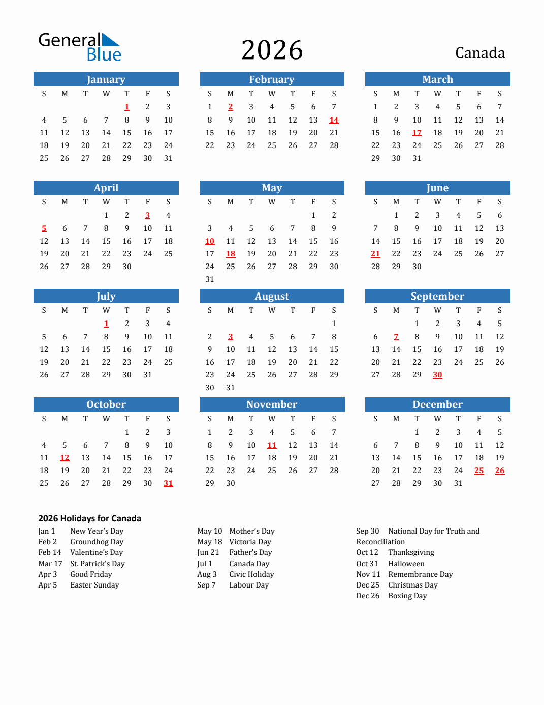 Printable November 2026 Calendar Canada