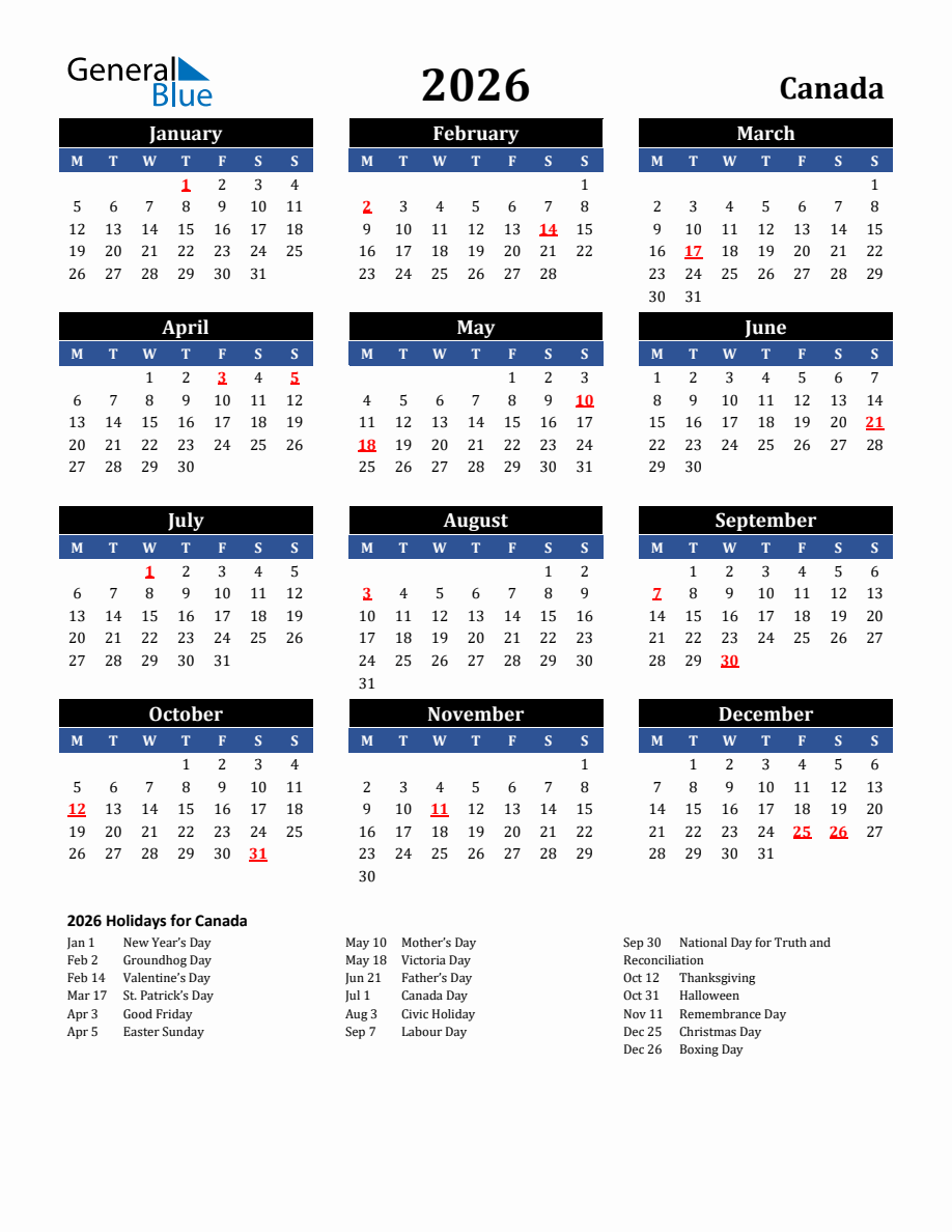 2026 Calendar Canada With Holidays Printable