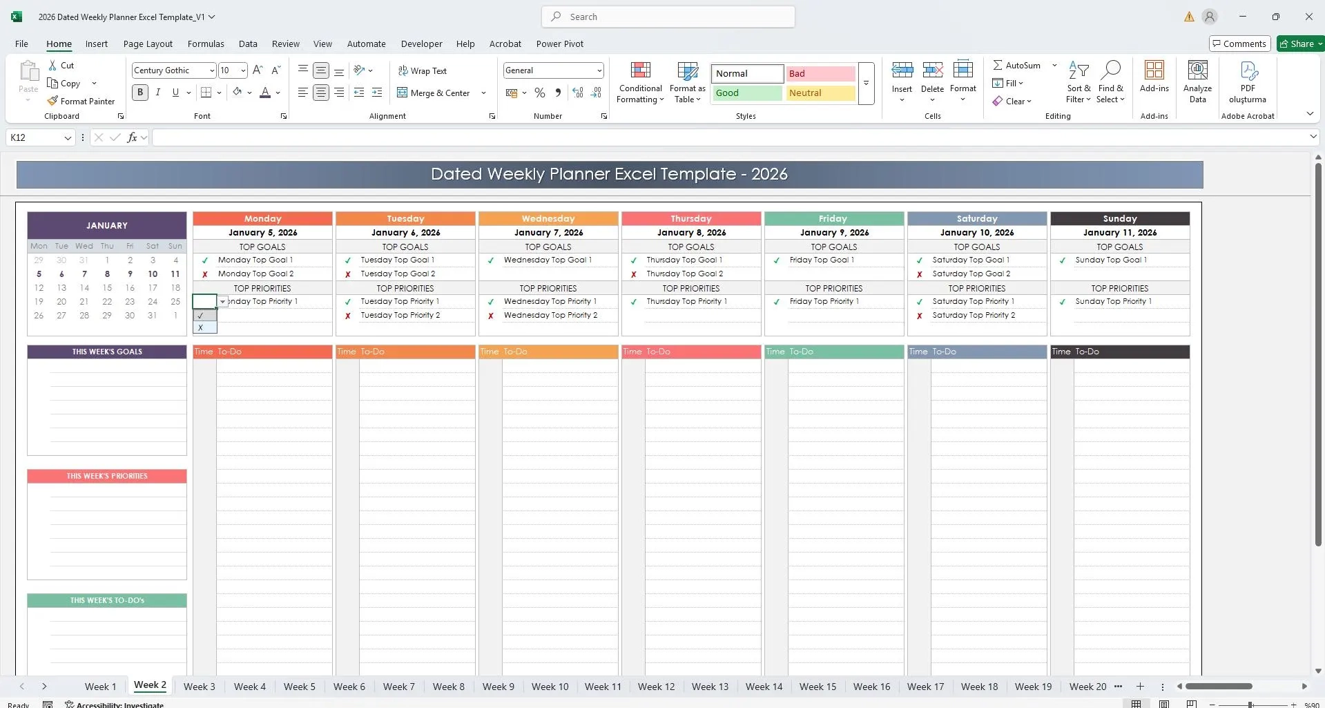 2026 Dated Weekly Planner Excel Template 53 Weeks Goals 