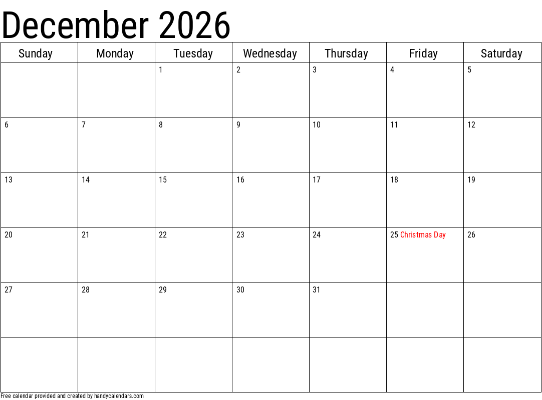 Printable December Christmas Calendar 2026