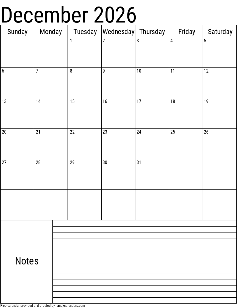 Blank Printable Calendar December 2026