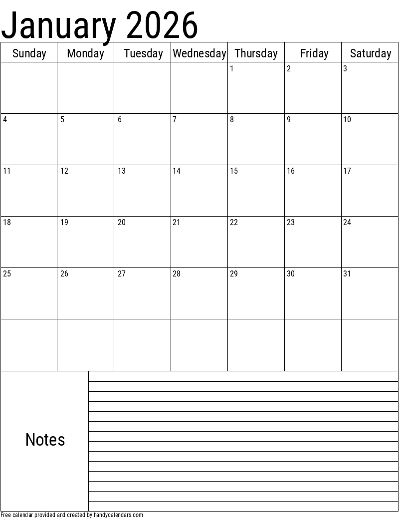 Blank Calendar Pages January 2026 Printable