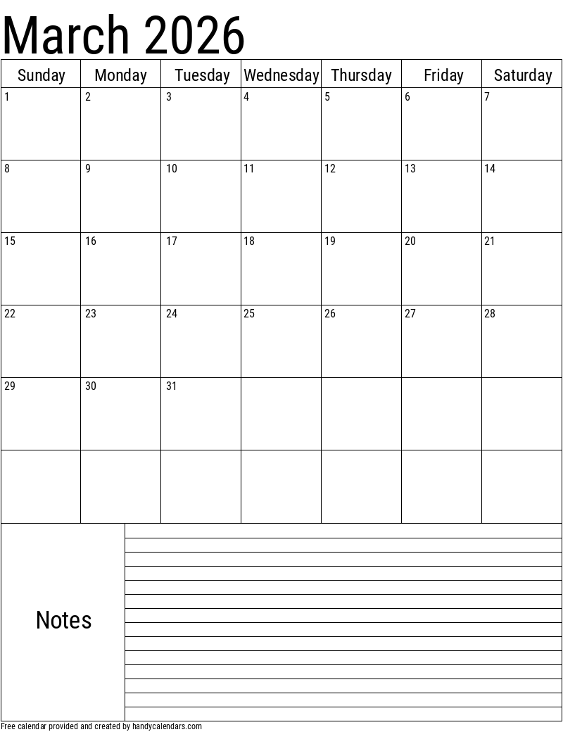 Free Printable March 2026 Calendar Page