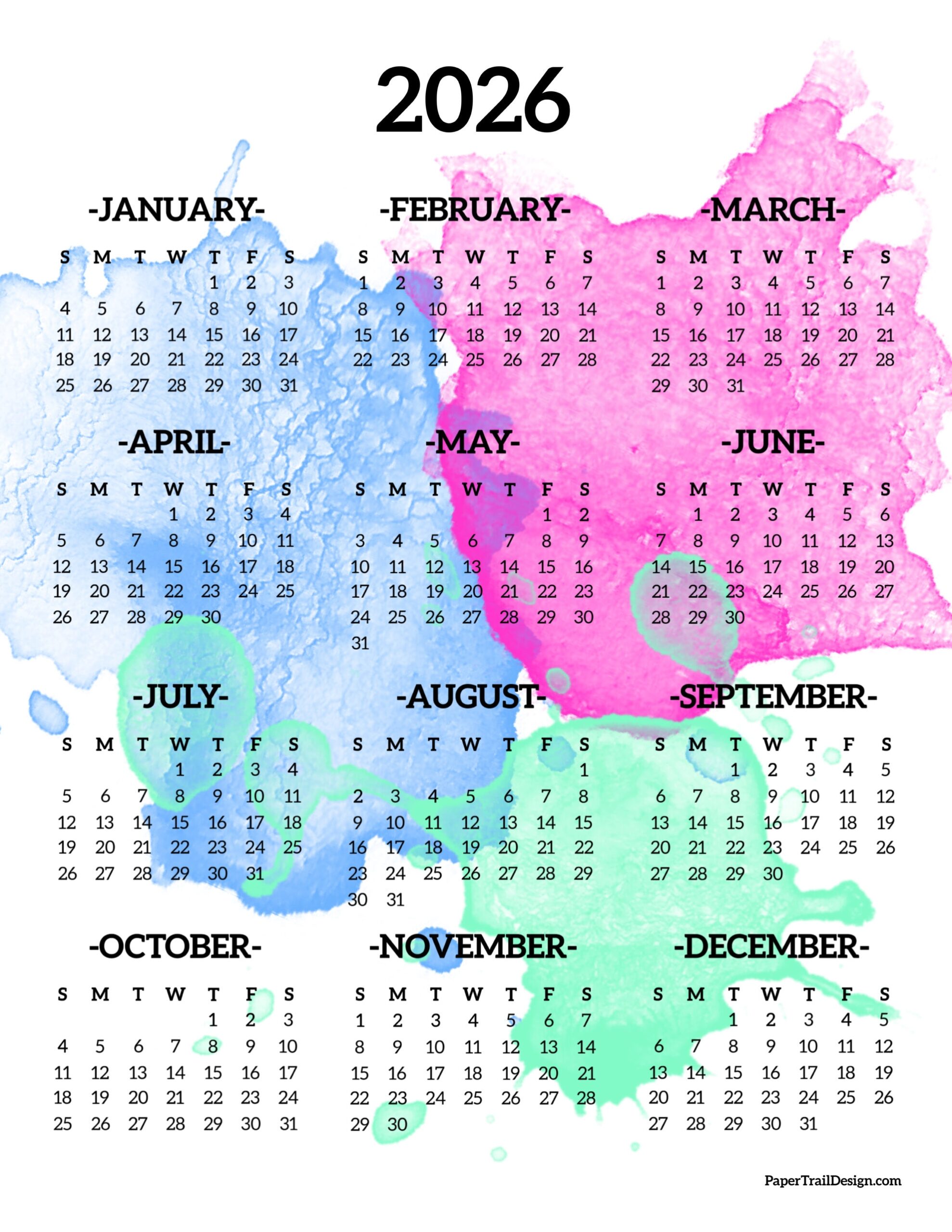 2026 One Page Calendar Printable