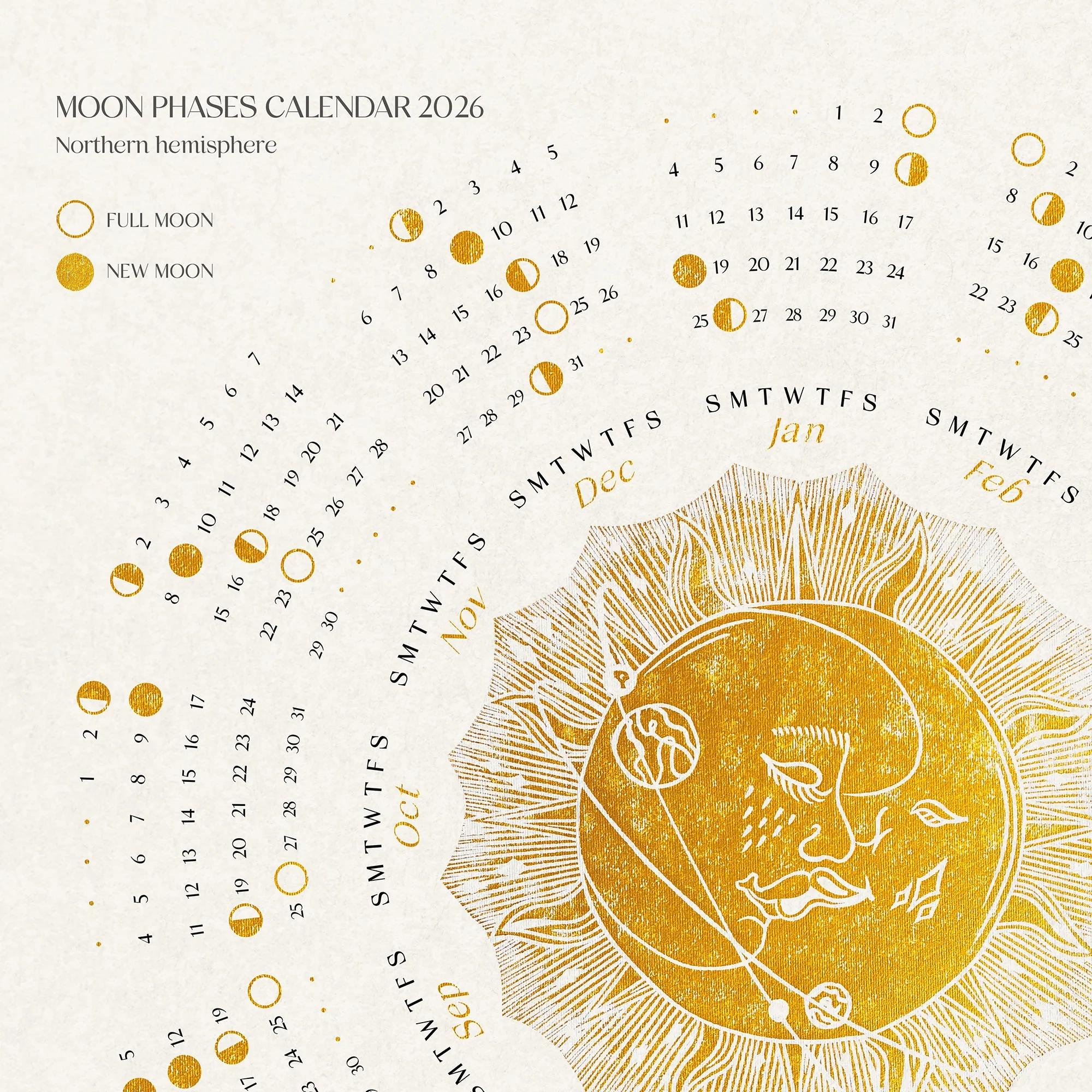 2026 Printable Lunar Yearly Calendar Poster Gold Kiss Of The Moon 