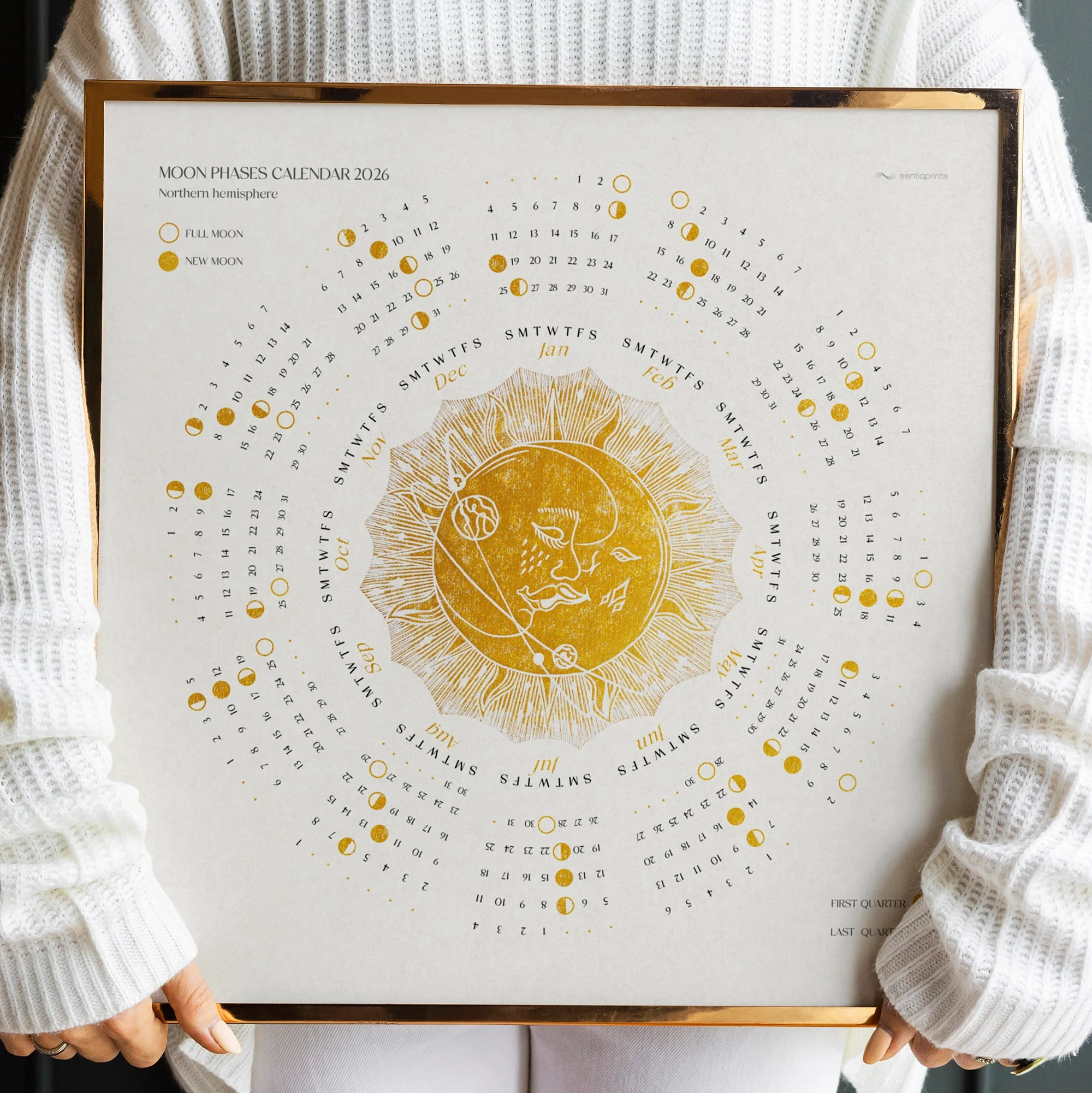 2026 Printable Lunar Yearly Calendar Poster Gold Kiss Of The Moon 