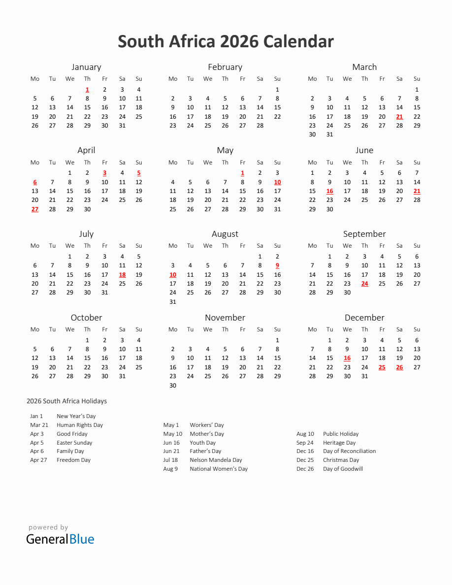 2026 Yearly Calendar Printable With South Africa Holidays Monday 