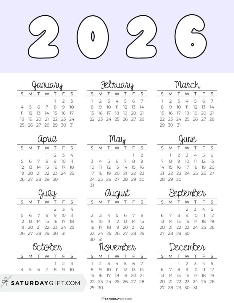 One Page Printable 2026 Calendar