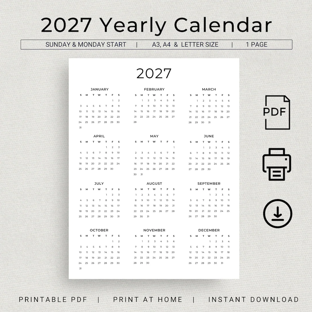 Yearly Printable Calendar 2027
