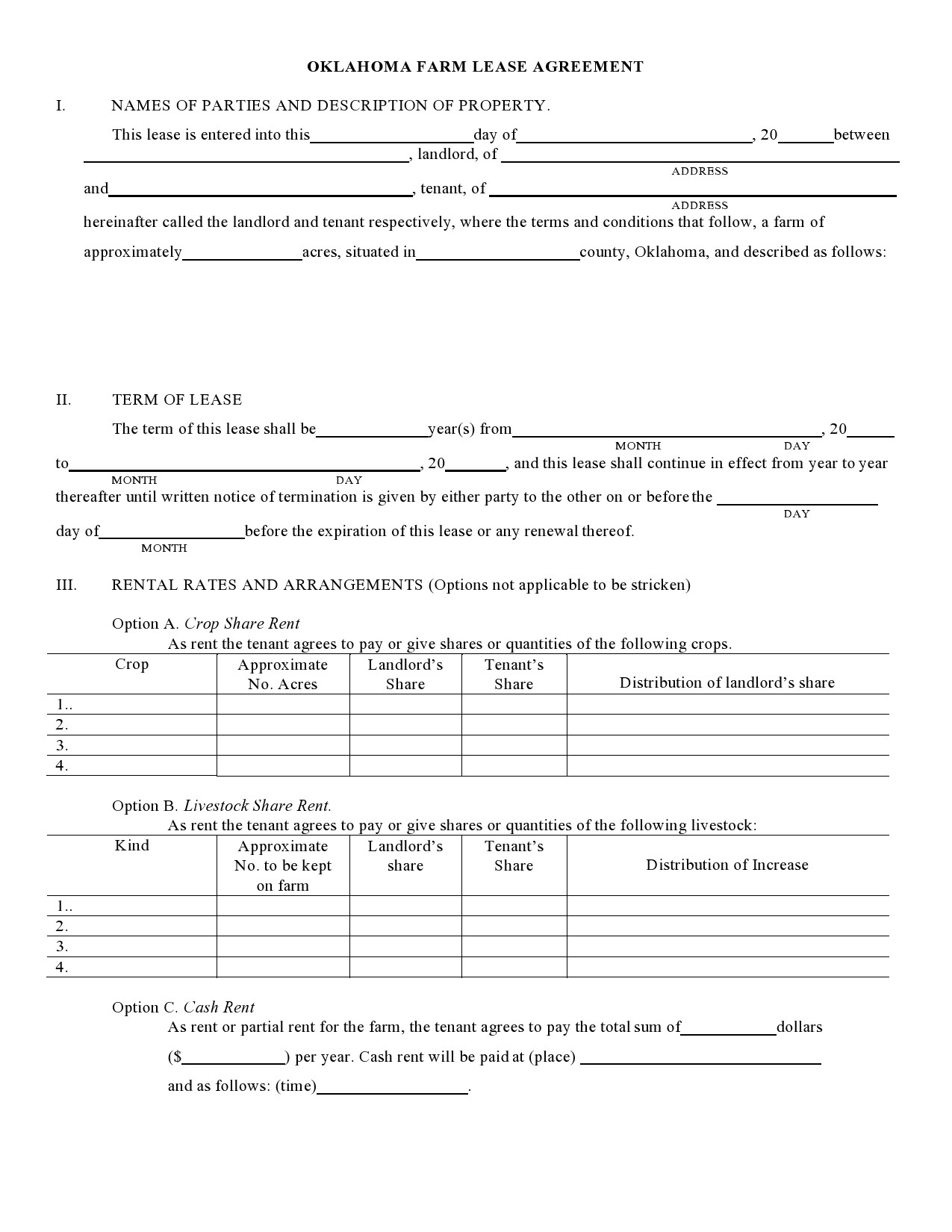 Farm Land Lease Agreement Free Printable Form