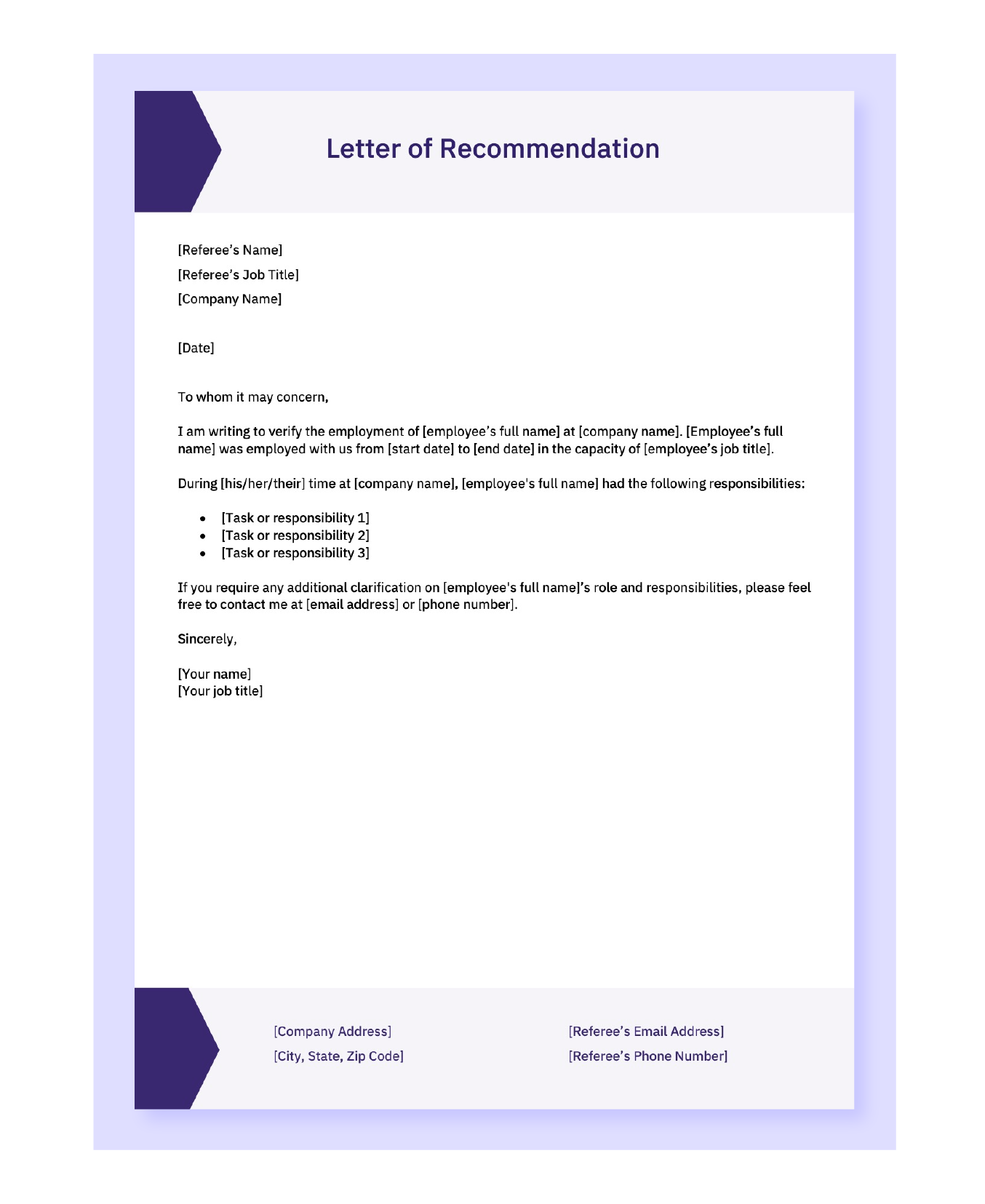 Printable Letter Of Recommendation Template