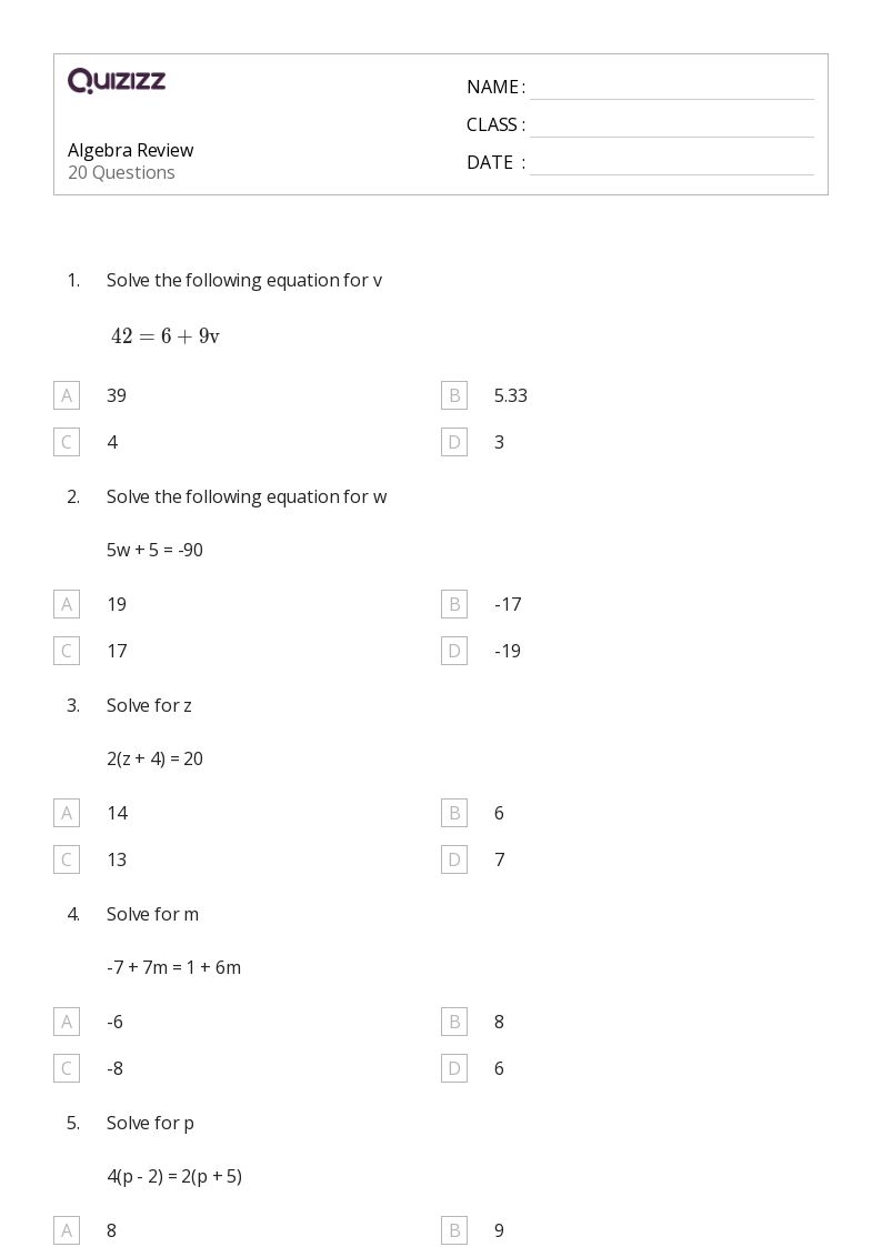 50 Algebra Worksheets For 9th Class On Quizizz Free amp Printable