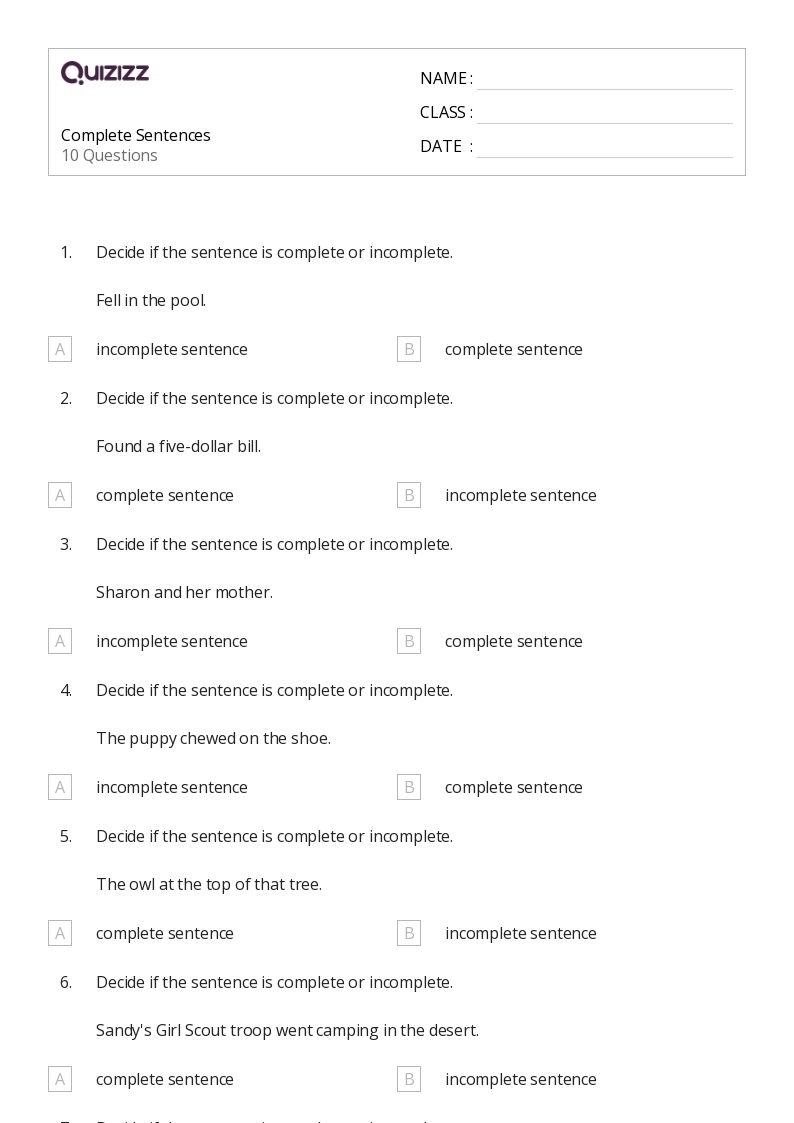 50 Complete Sentences Worksheets For 4th Grade On Quizizz Free 