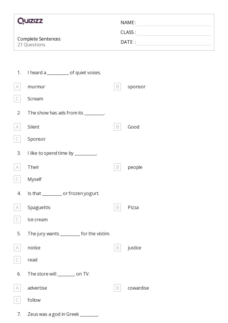 50 Complete Sentences Worksheets For 7th Class On Quizizz Free 
