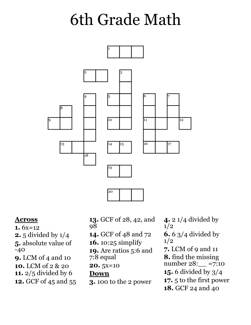 Crossword Puzzles For Sixth Graders