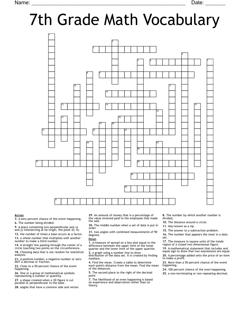 7th Grade Math Vocabulary Crossword WordMint