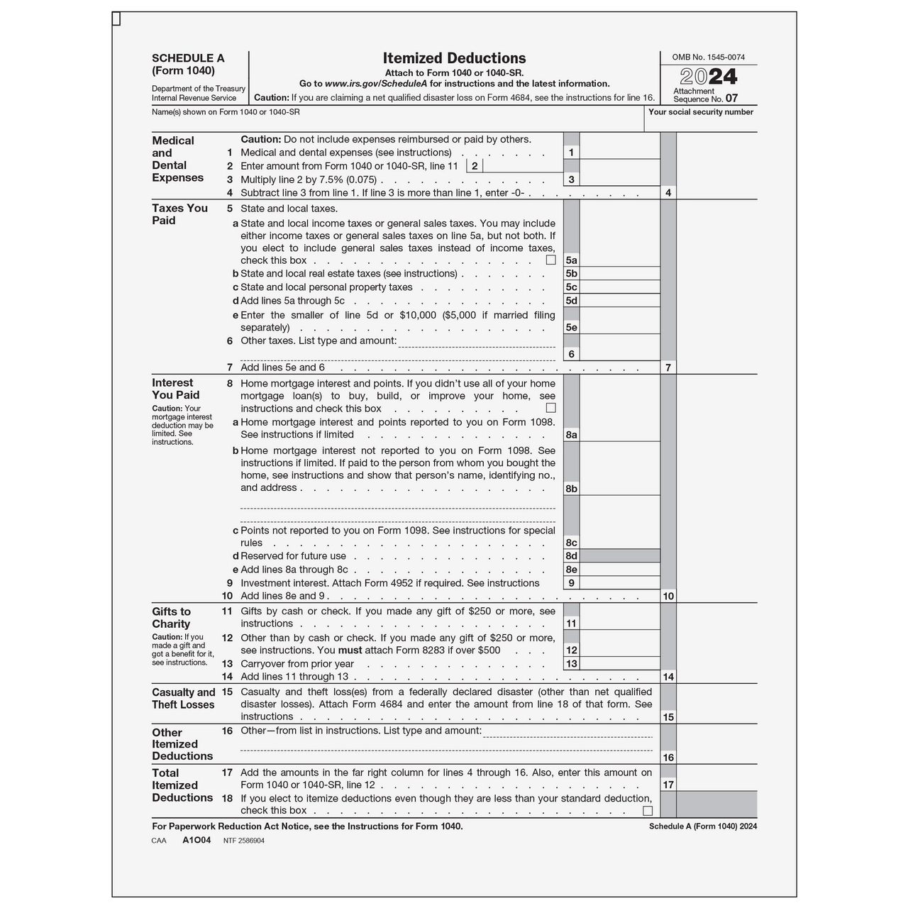 A1O04 Form 1040 Schedule A Itemized Deductions