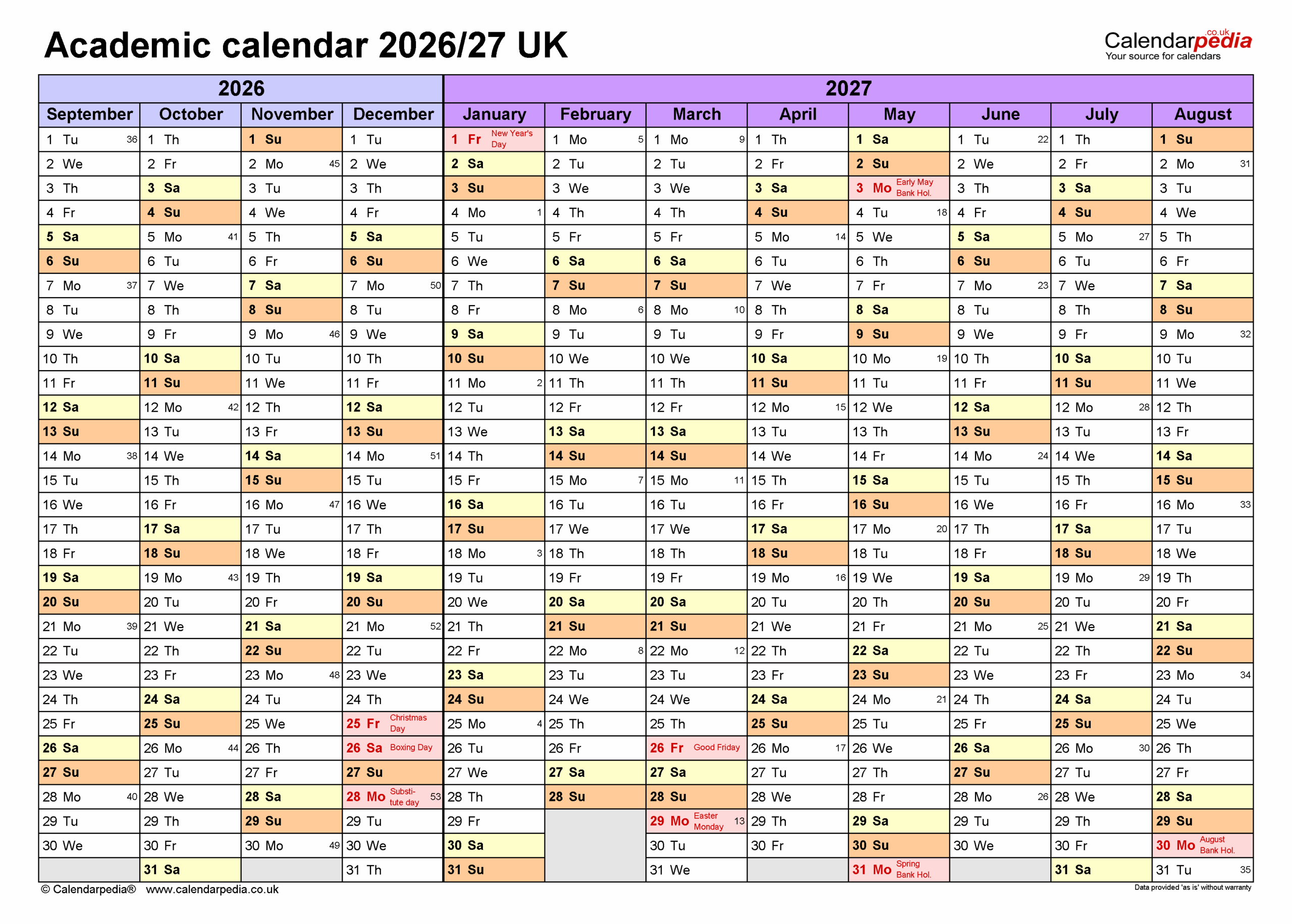 Academic Calendars 2026 27 UK Free Printable Excel Templates
