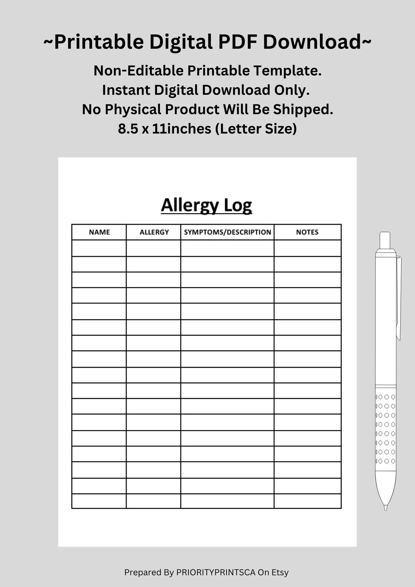 Allergy Log Allergies Allergy Form sheet Medical Conditions 