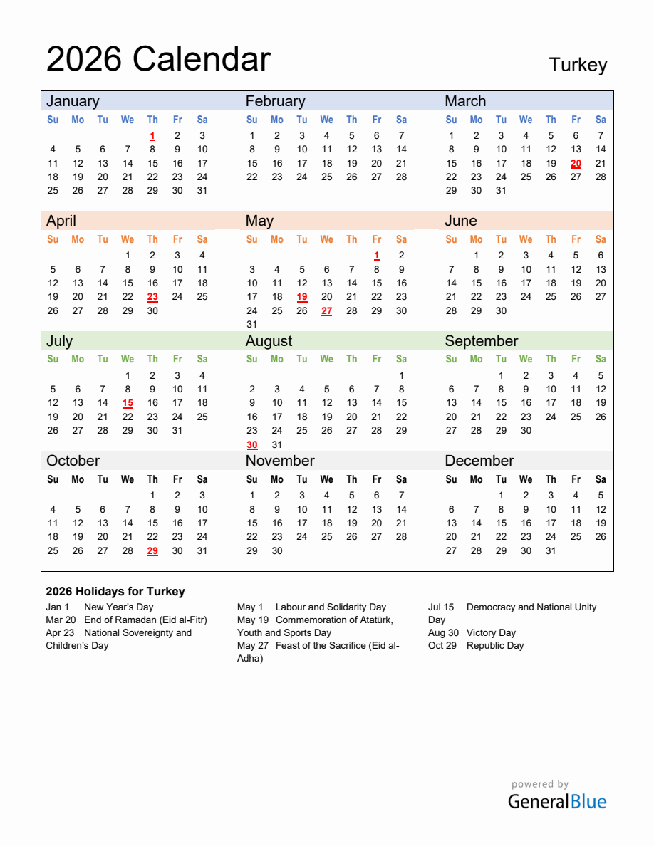 November 2026 Turkey Calendar Printable