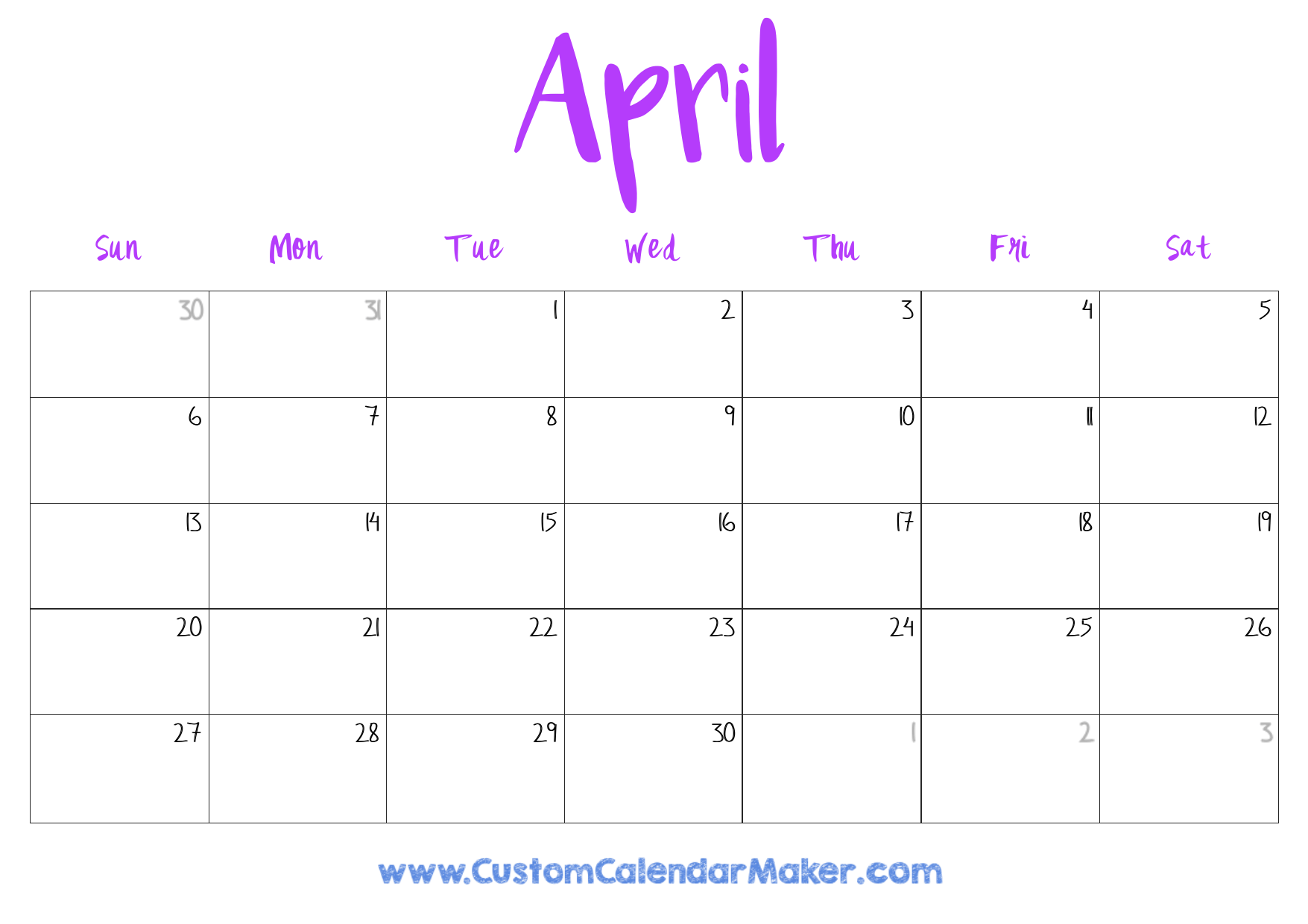 Printable Blank April Calendar