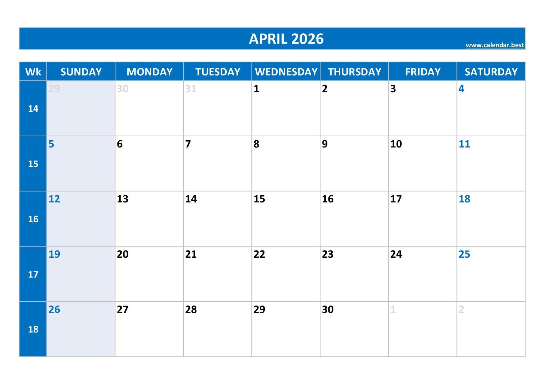 Printable Calendar 2026 April