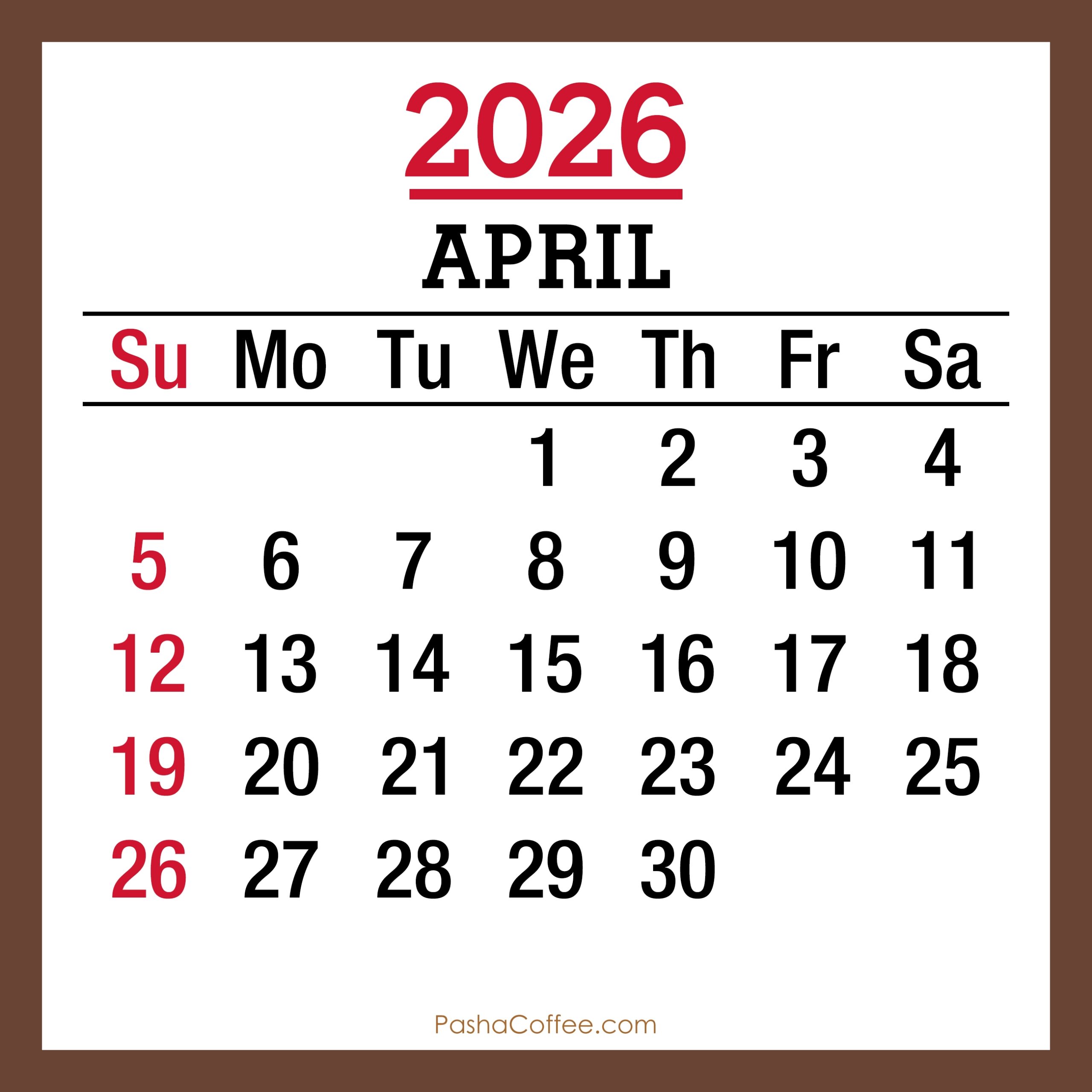 April 2026 Monthly Calendar With Holidays Printable Free Sunday 