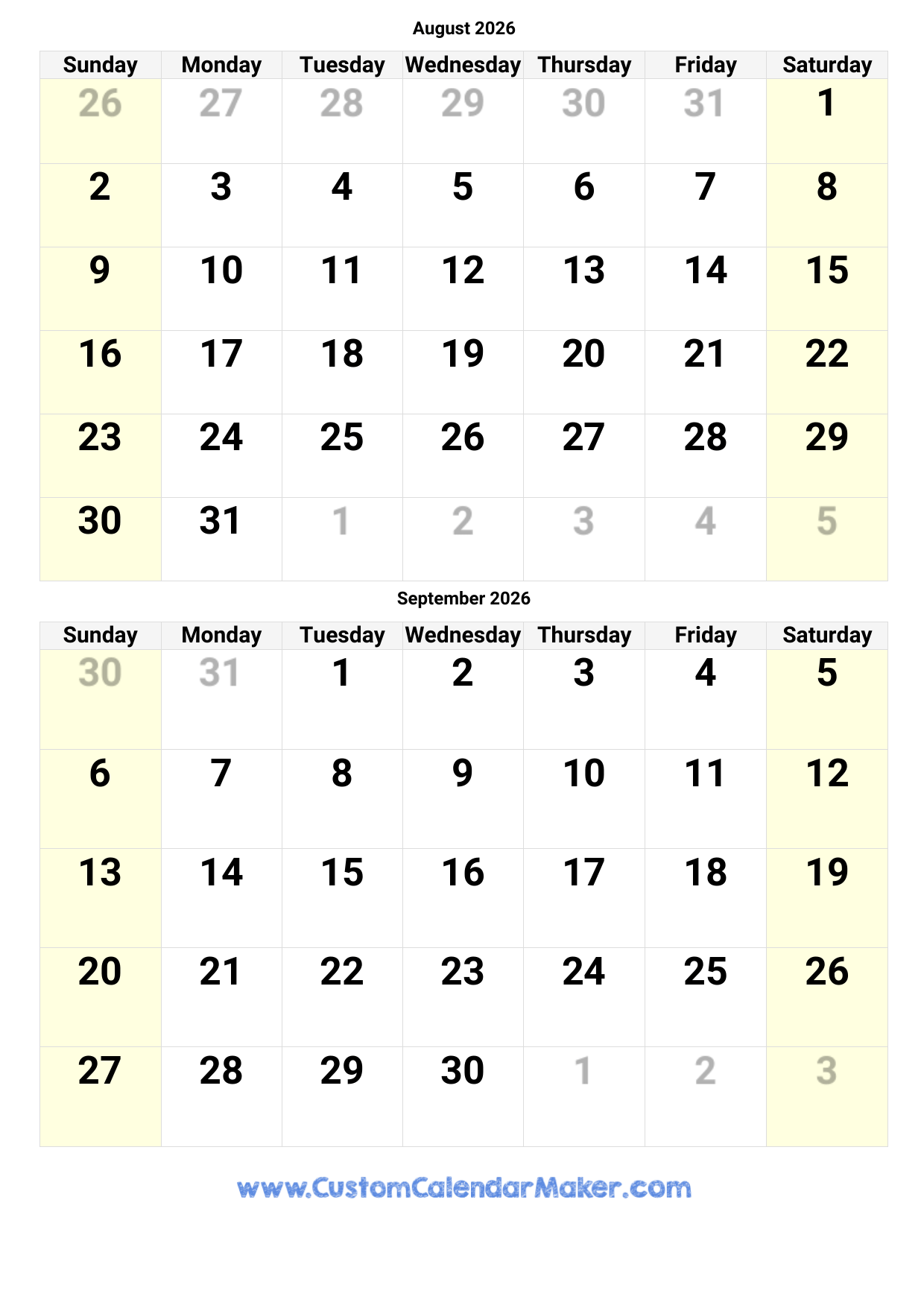 August Through December 2026 Printable Calendar