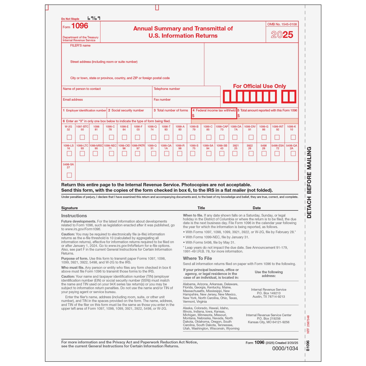 Order Form 1096 From Irs