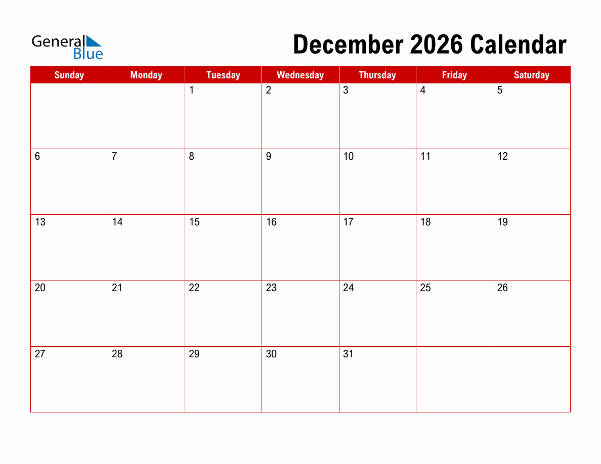 Basic Monthly Calendar December 2026