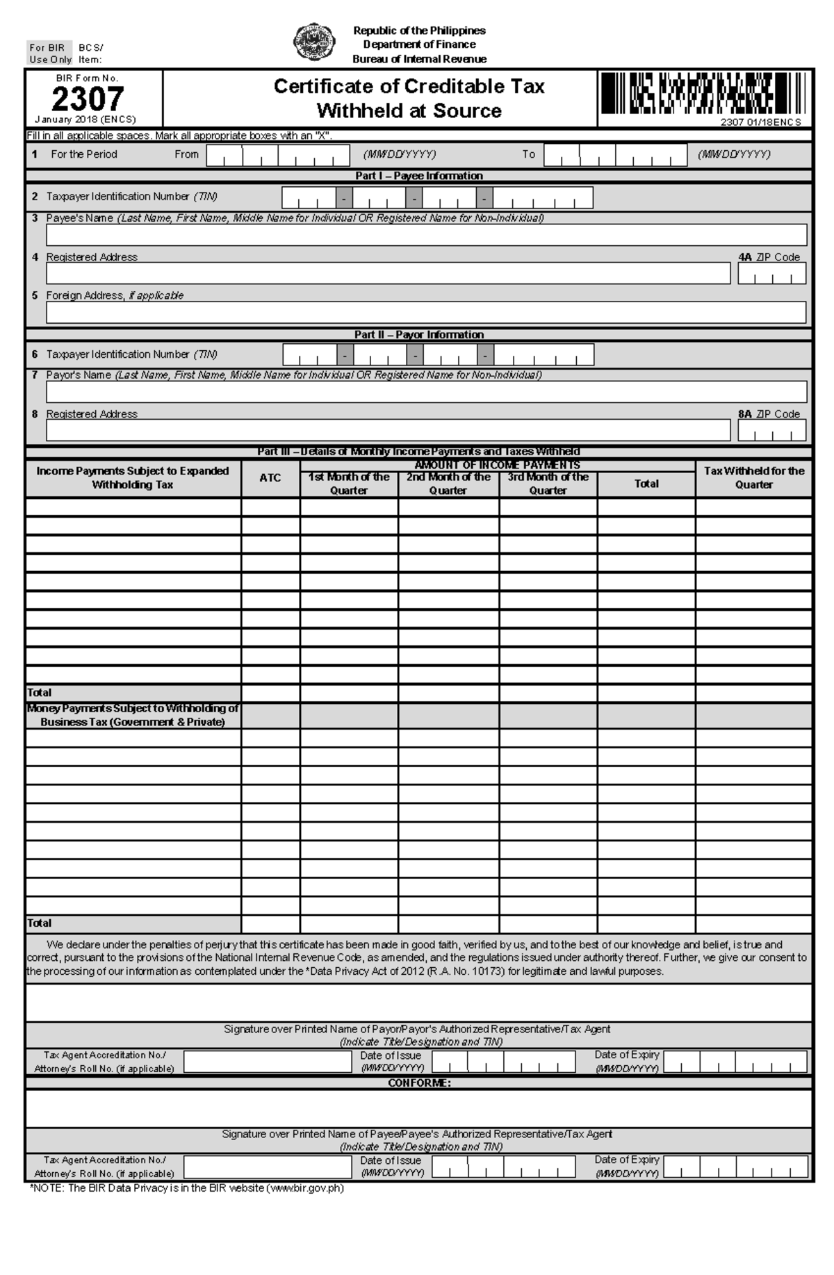 BIR Form 2307 Editable Tax Certificate For Creditable Payments 