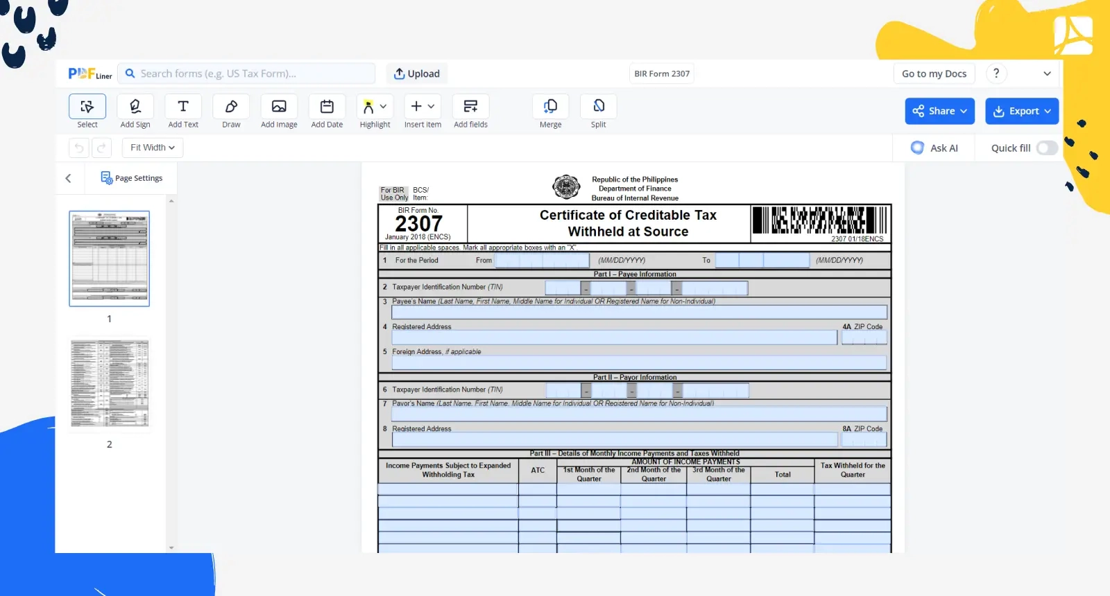 Bir Form 2307 Download Editable Free