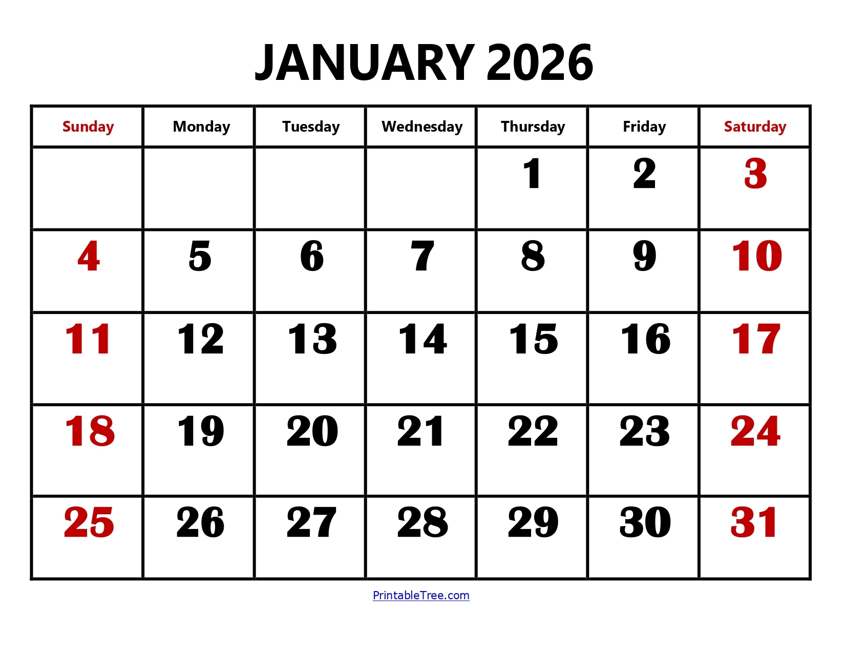 Jan 2026 Printable Calendar