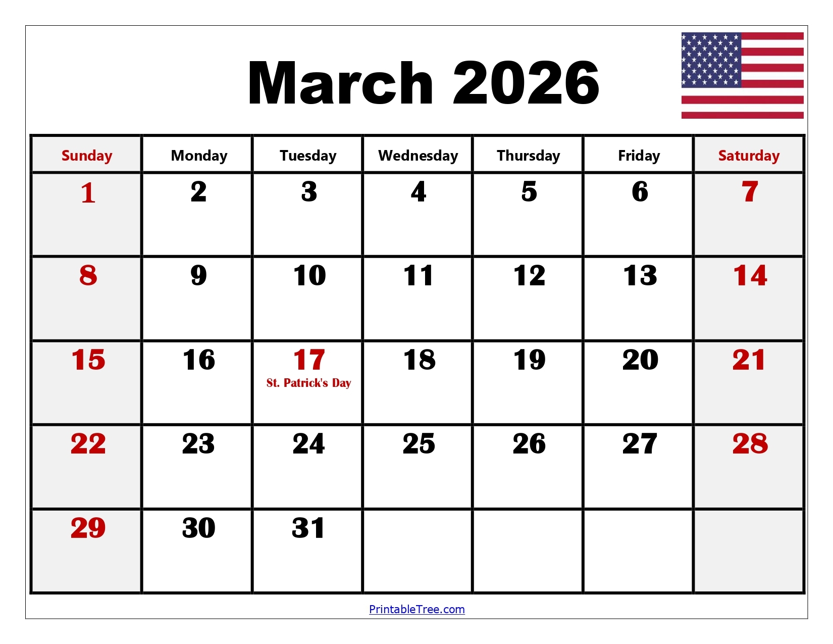 2026 March Blank Calendar Printable